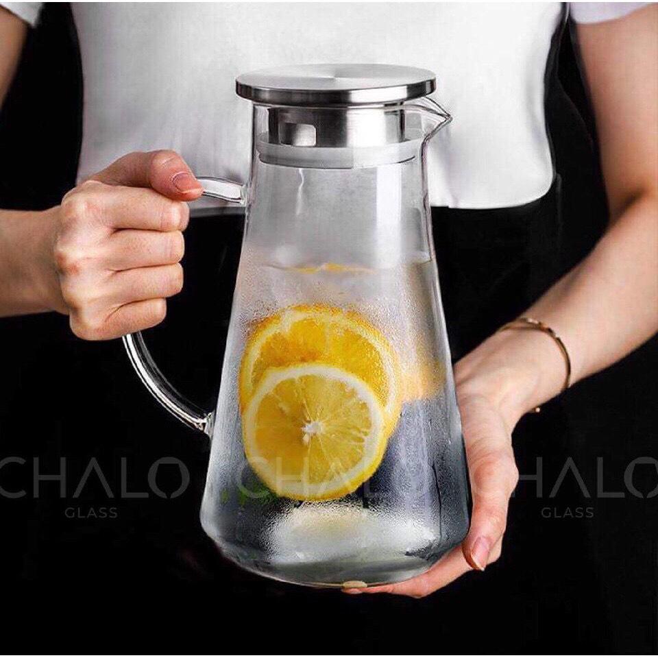 Bình trà thuỷ tinh nắp inox 1800ml, binh thuỷ tinh pha trà, bình thuỷ tinh pha nước detox, bình nước đa năng