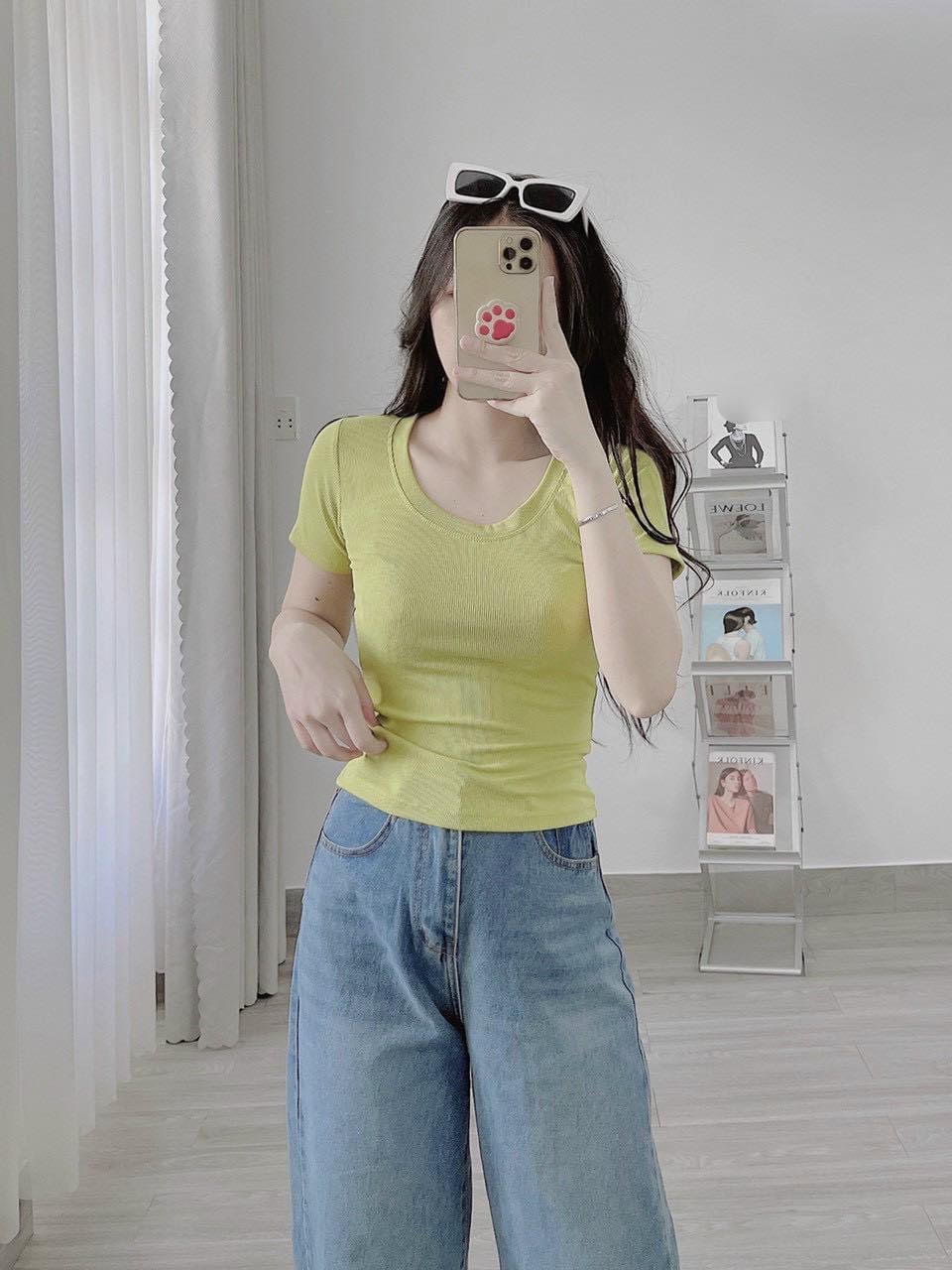 Áo Thun Nữ, Áo Kiểu Nữ Cổ Chữ U, Tay Ngắn, Vải Gân THÁI Co Giãn Tốt, Ôm Body Mẫu mới mềm mịn mát, phối đồ siêu xinh, đi cafe, đi chơi đều xinh