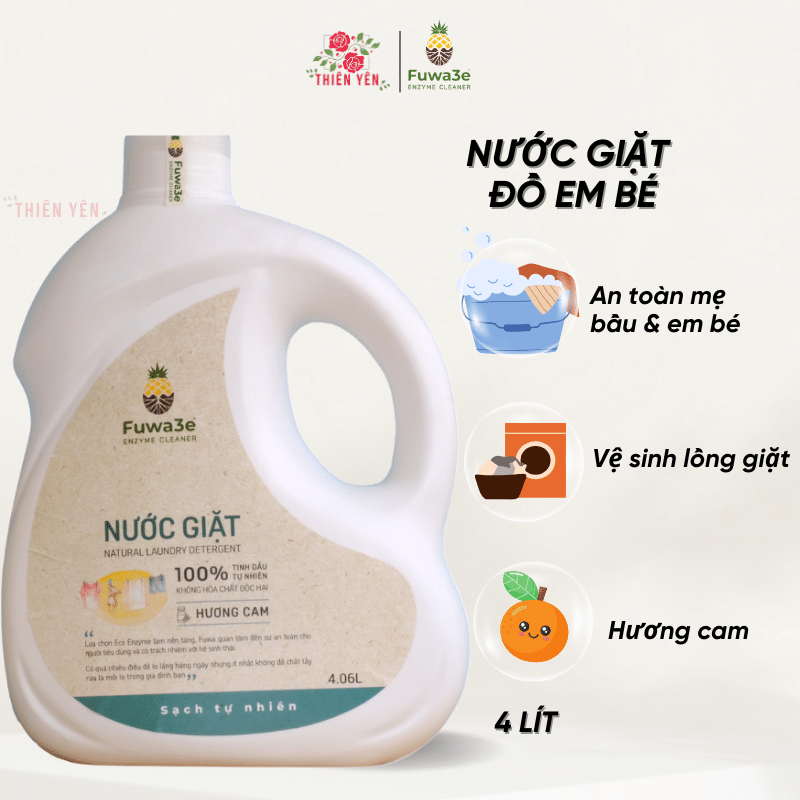 Nước giặt organic Fuwa3e hương cam 4L an toàn, giặt được đồ lụa và đồ cho trẻ sơ sinh