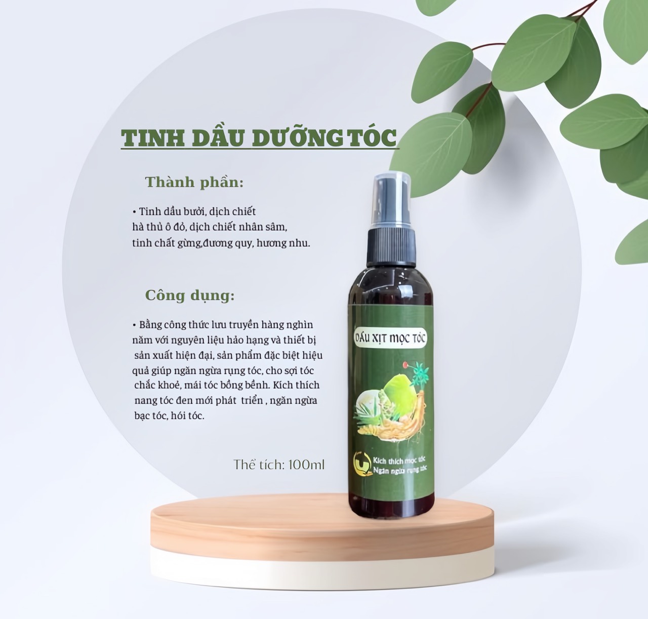 Tinh dầu xịt mọc tóc dưỡng tóc dài mượt, kích thích nang tóc, giảm gãy rụng, gàu nấm 100ml