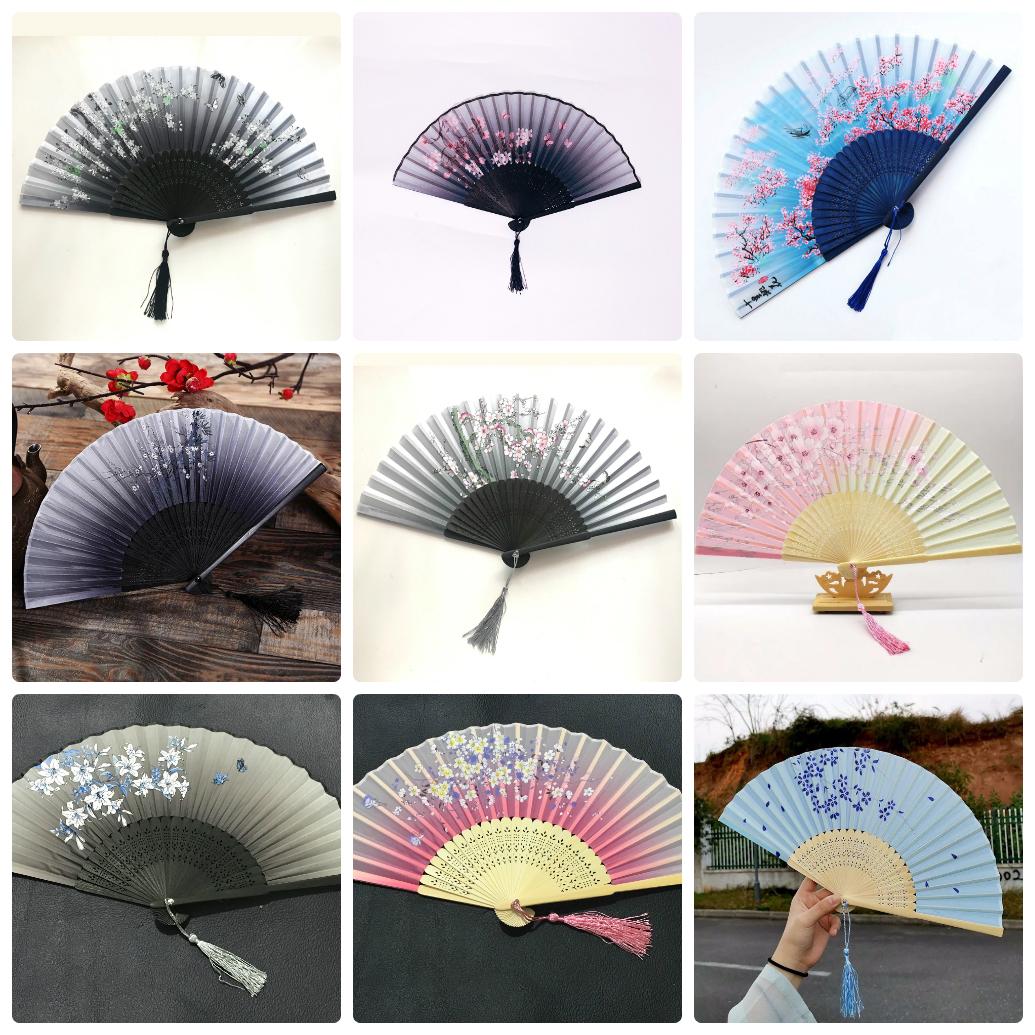 ( 50k) Quạt cổ trang dây tuyến hồng xám xanh hoa quạt xếp cầm tay phong cách Trung Quốc phong cách cổ trang cổ điển