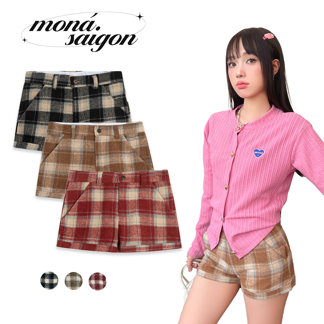Quần short nữ caro cạp giữa kẻ sọc vải tweed MONÁ - GON