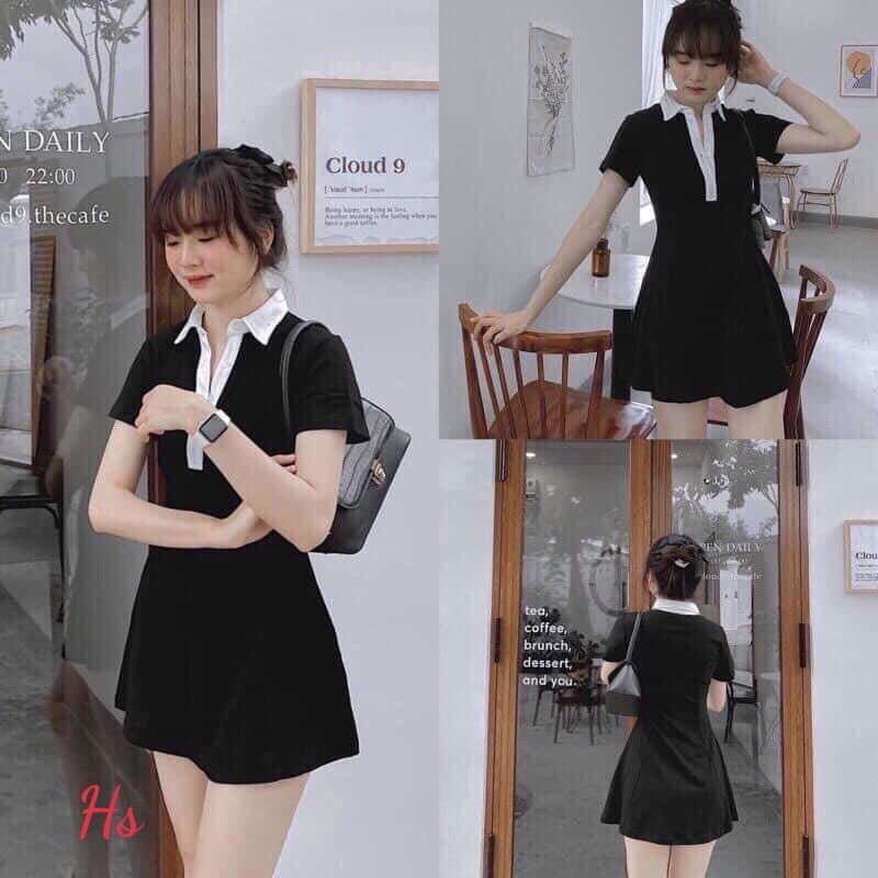 Siêu phẩm váy đen body cổ trắng form dáng chuẩn đẹp