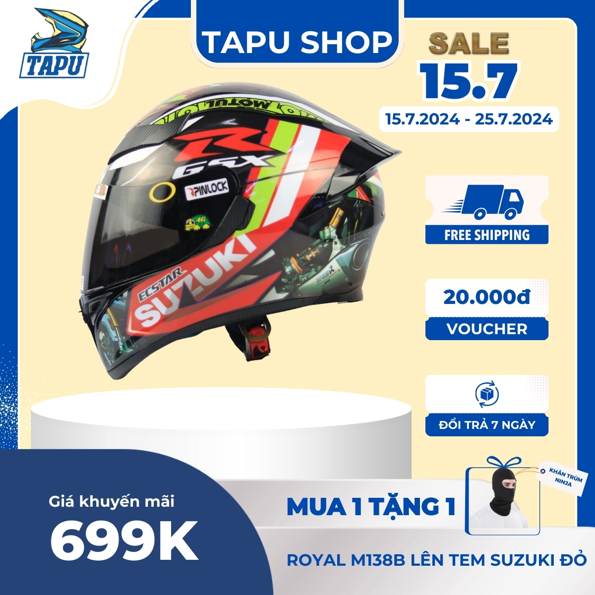 Nón Fullface ROYAL M138B 1 Kính Lên Tem SUZUKI ĐỎ