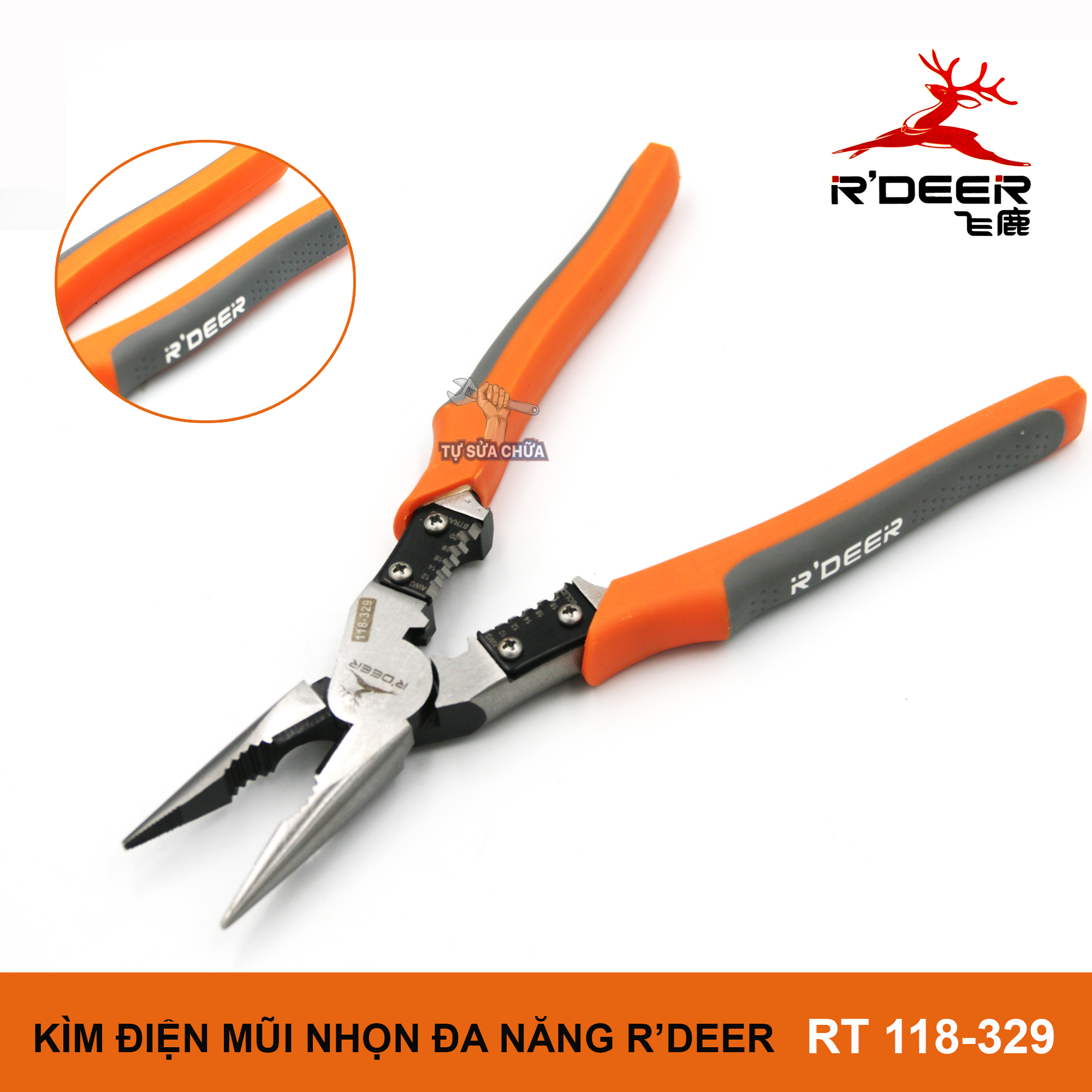 Kìm điện mũi nhọn đa năng R'deer RT 118-329  9inch/225mm 4 trong 1 (Kẹp-Cắt-Uốn-Tuốt dây), Kìm điện đa năng, kiềm tuốt dây điện, Kềm cắt đa năng Kiềm Bấm Đa Năng, Kềm Tuốt Dây Điện