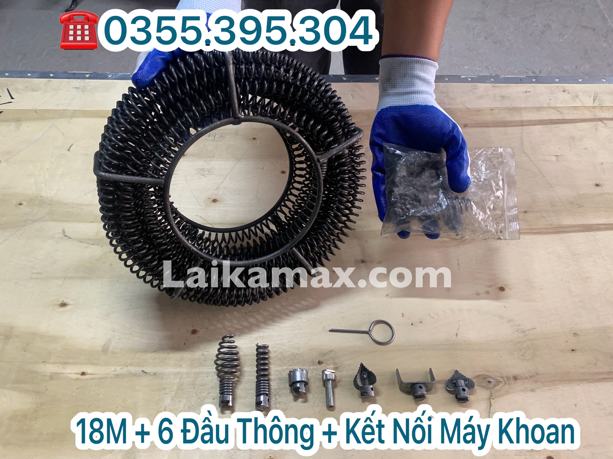Dây thông tắc cống lò xo dùng máy khoan dài 18m + 6 đầu thông + kết nối máy khoan