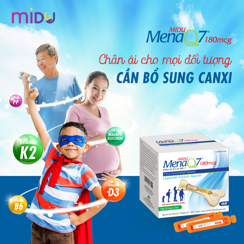 Thực phẩm phát triển chiều cao và bổ sung canxi cho mọi lứa tuổi Midu MenaQ7 180, hộp 30 ống x 10ml