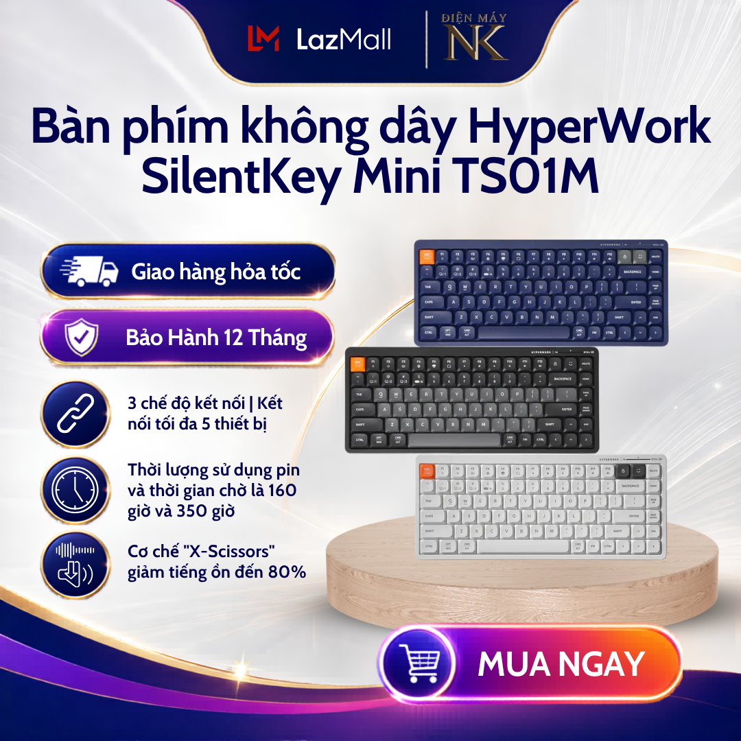 Bàn phím không dây HyperWork SilentKey Mini TS01M - Bảo Hành 12 Tháng