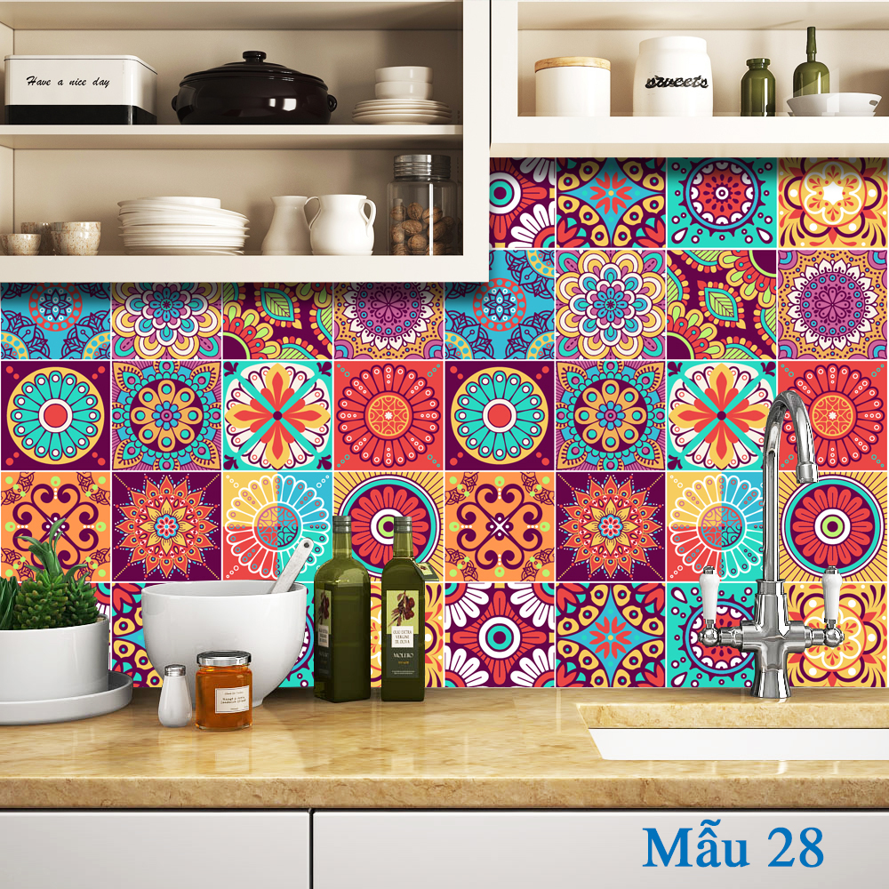 Decal gạch bông (cam kết bán decal nhựa thật 100% không phải decal giấy PP) Set 32 ô 15cm hoặc 18 ô 20cm - NK28 (60x120cm)
