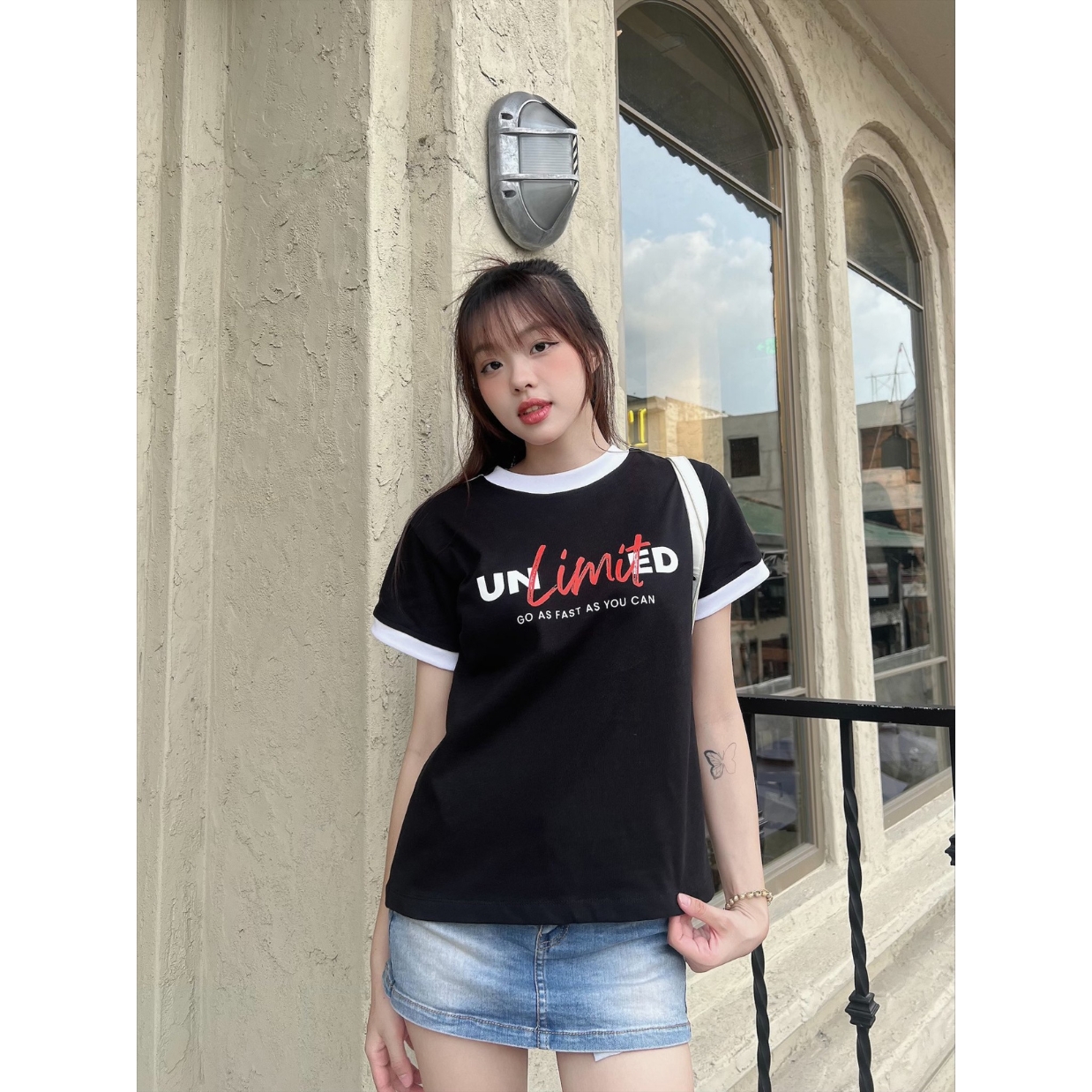 Áo thun baby tee nocturnal - Áo thun form fit trơn basic - chất thun Cotton co giãn màu Đen