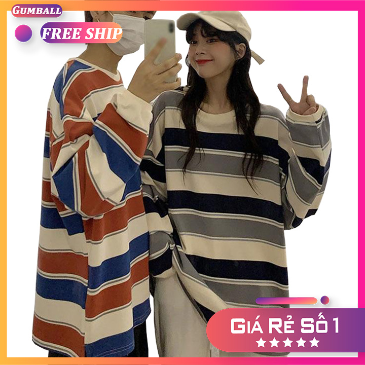 Áo thun tay dài form rộng sọc kẻ ngang freesize chất vải thun mềm mịn, dễ phối đồ phong cách Hàn Quốc
