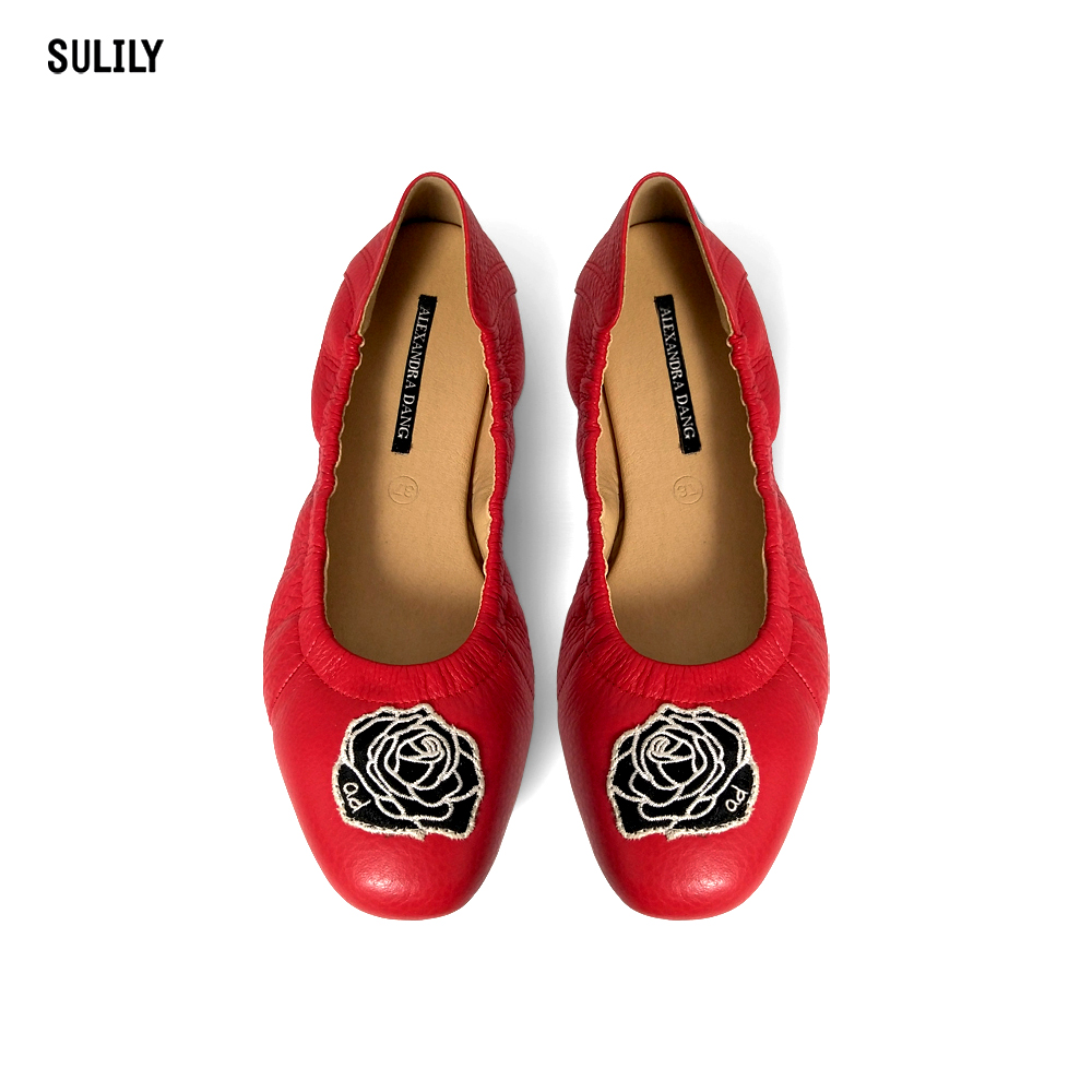 Giày Búp Bê Da Thật Mũi Vuông Thêu Hoa Hồng AD by Sulily màu đỏ mang êm chân