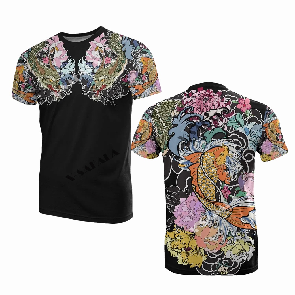 Áo phông in 3D hình đầu Rồng Cá chép SAMURAI Nhật Bản lạ mắt áo thường ngày nam nữ cổ tròn sợi sữa chất lượng cao