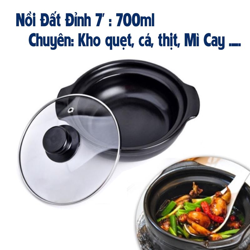 Nồi đất đỉnh 7 _nồi đất kho cá thịt dày nắp kính giữ nhiệt thức ăn thơm ngon, nồi nấu mì cay
