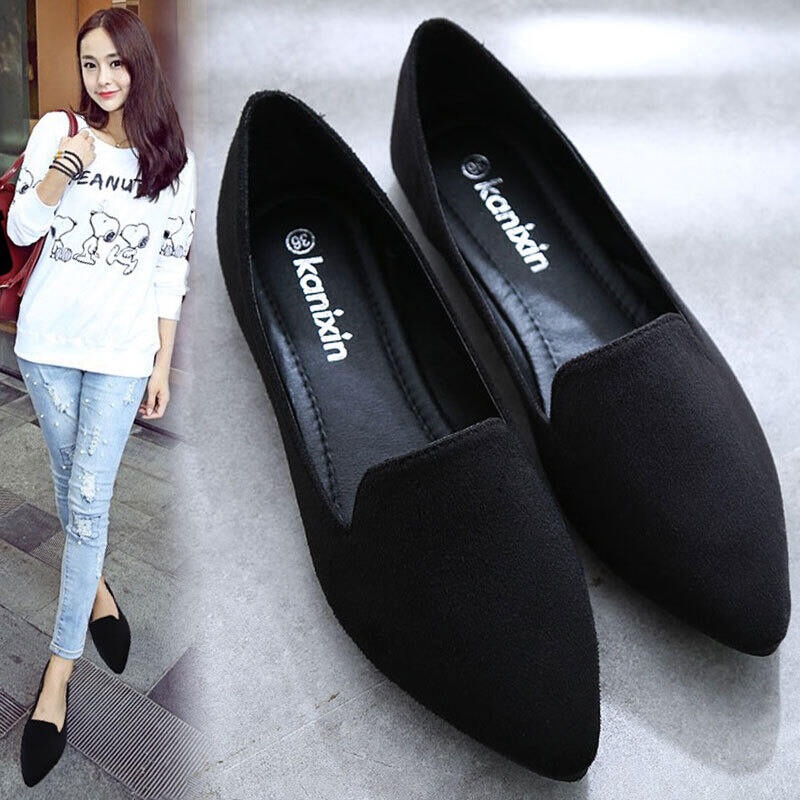 Giày đế bệt đế bệt mới st2024 Giày một lớp chân đen chân rộng chất béo làm việc 40 mùa thu và mùa đông 41 phụ nữ mang thai cộng với size 43 Giày nữ 42l1114