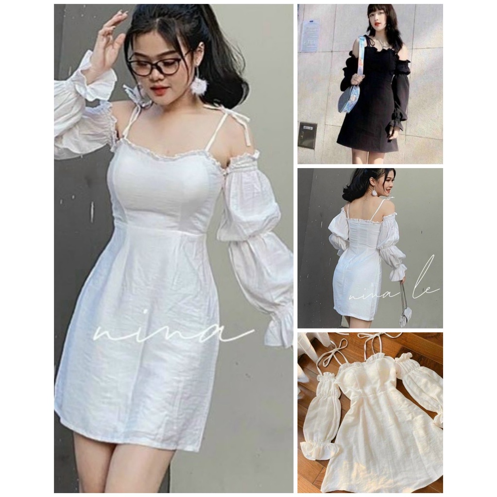 TTO Đầm trắng dự tiệc trễ vai tay cột nơ vai có mút ngực dáng xòe chụp kỷ yếu