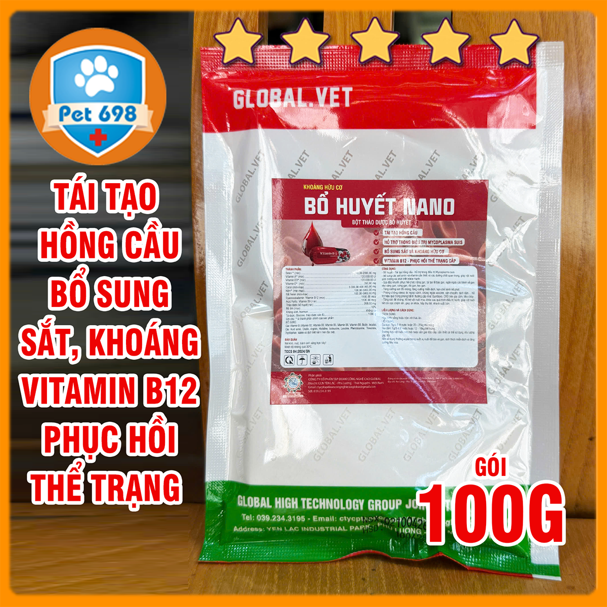 Bổ Huyết NANO gói 100g Tái tạo hồng cầu, giúp vật nuôi sinh trưởng và phát triển khỏe mạnh