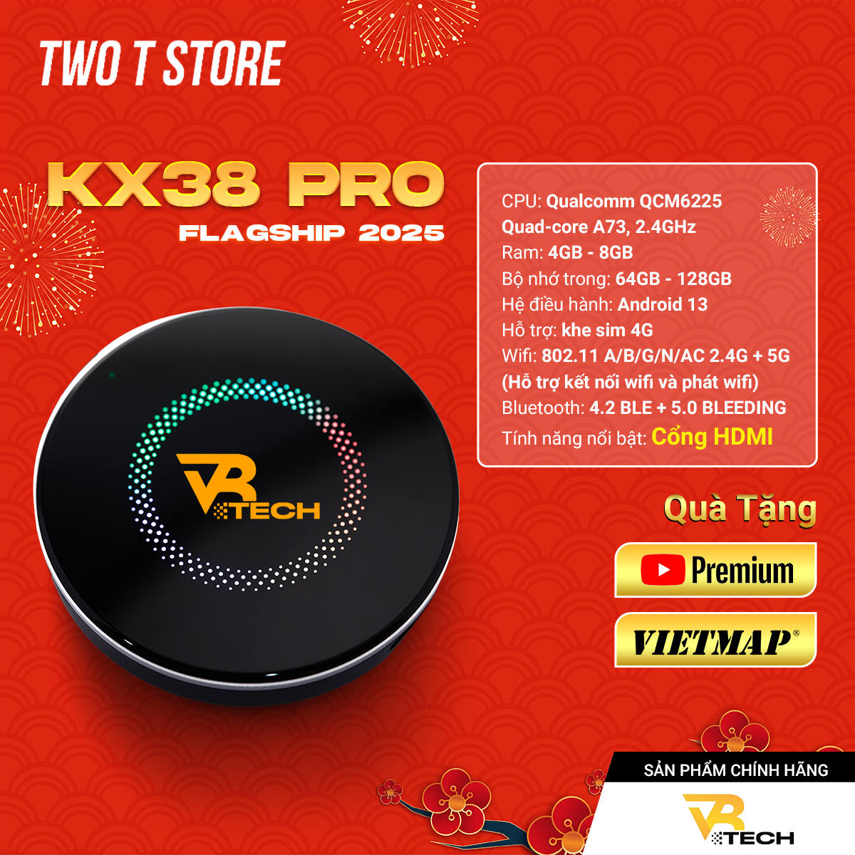 Bộ Carplay Android Box Chính Hãng VRTECH KX-38 Pro FLAGSHIP 2025 Qualcomm 6225 Android 13, Cổng HDMI