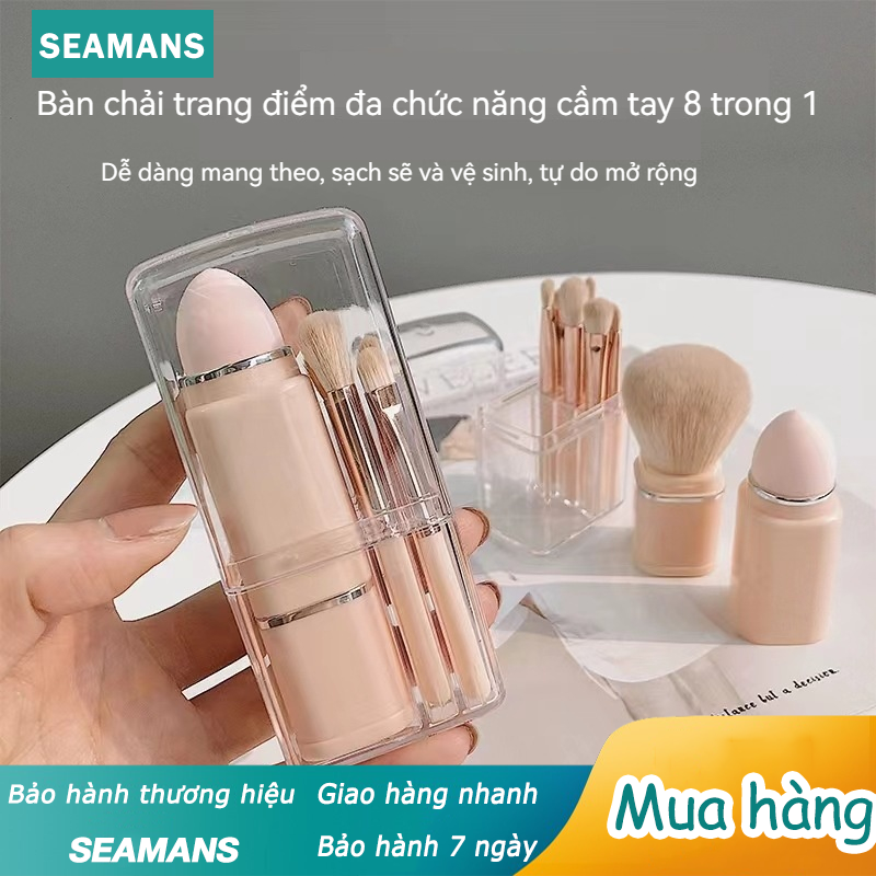 SEAMANS Bộ cọ trang điểm Mini 8 Brushes để dễ dàng đi lại Kem che khuyết điểm phấn mắt đơn 8 trong 1 Bàn chải má hồng Dụng cụ làm đẹp di động Bộ bàn chải trang điểm