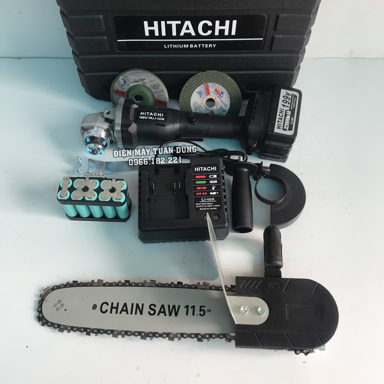 Máy cắt cầm tay dùng pin Hitachi 199V TẶNG Bộ lưỡi cưa xích và Đá mài với Đá cắt
