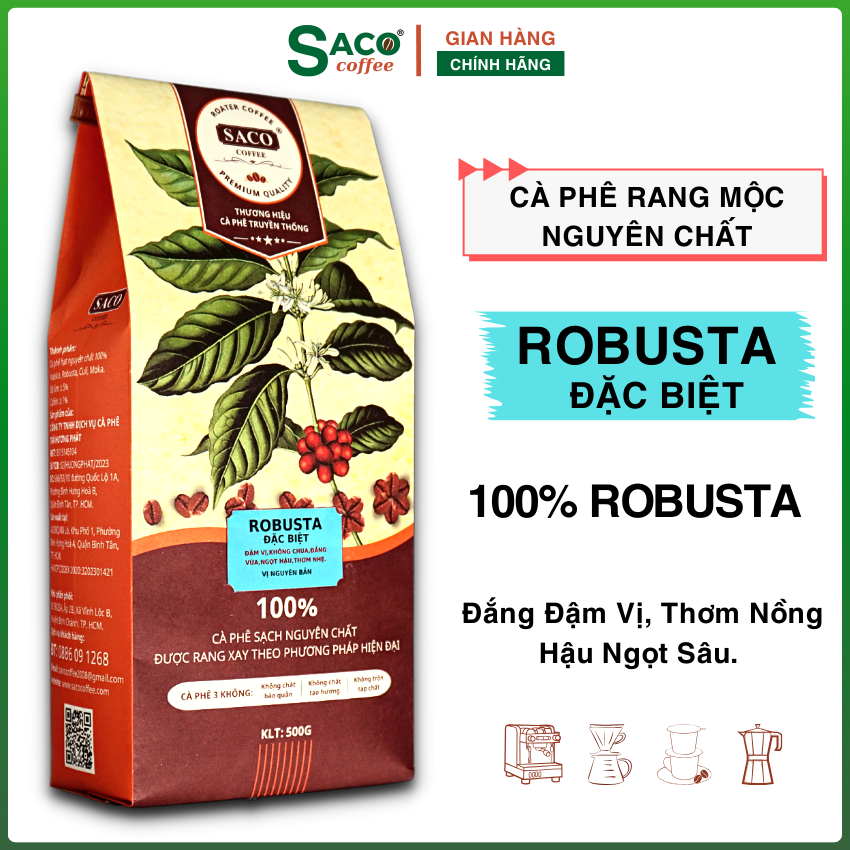 Cà Phê Hạt Robusta Rang Mộc Nguyên Chất 100%, Đắng Mạnh Đậm Vị, Hậu Ngọt Thơm Sâu, Gu cafe Việt, Cà Phê Rang Xay Pha Phin từ SACO COFFEE