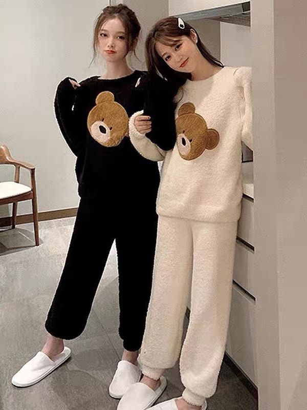 Bộ quần áo ngủ nữ Pijama hình Gấu thêu nổi chất lông mịn dày mặc đông ấm áp Saninee Clother