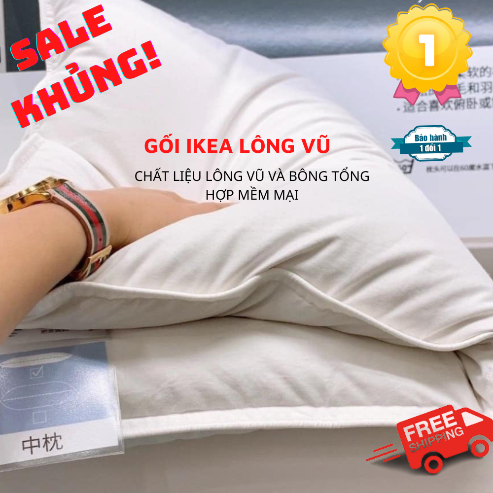 Gối ikea lông vũ kháng khuẩn hàng xuất nhật - ruột gối lông vũ nhập khẩu chính hãng - chất liệu lông vũ và bông tổng hợp mềm mại giúp đi sâu vào gấc ngủ