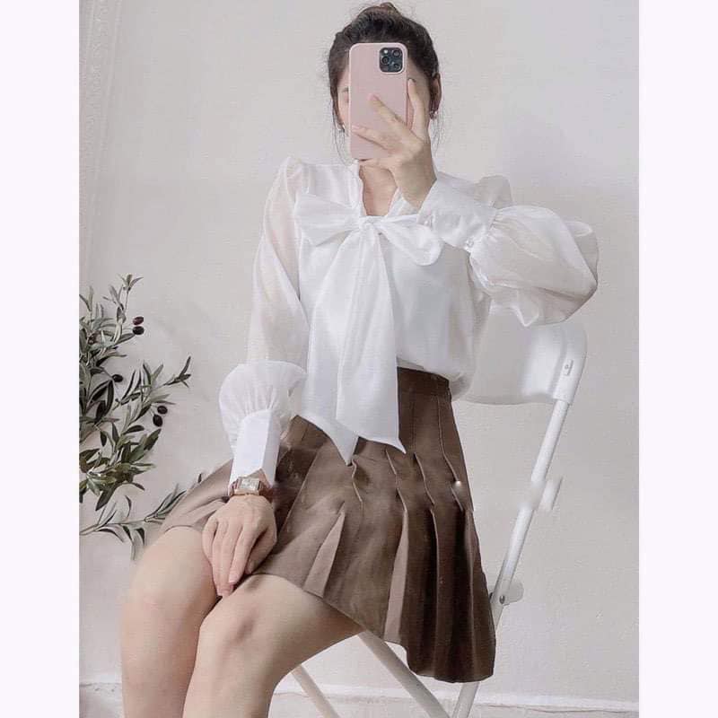 Áo voan tay phồng dài tay thắt nơ xinh