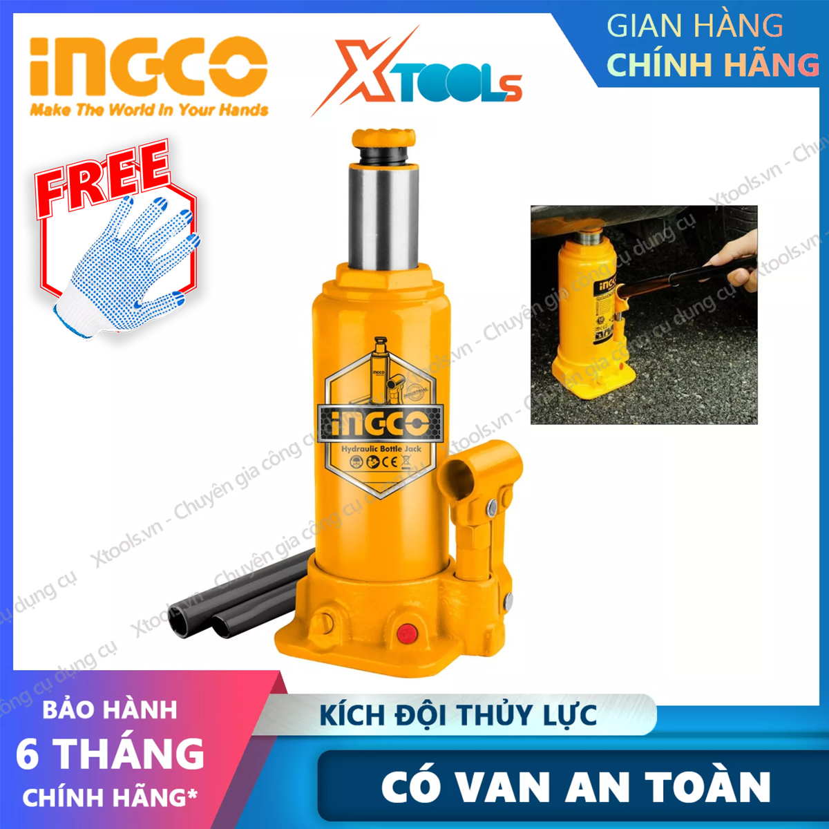 Kích đội thủy lực INGCO 2-12 tấn con đội thủy lực có van an toàn kích thủy lực nâng ô tô công nghiệp sửa chữa.