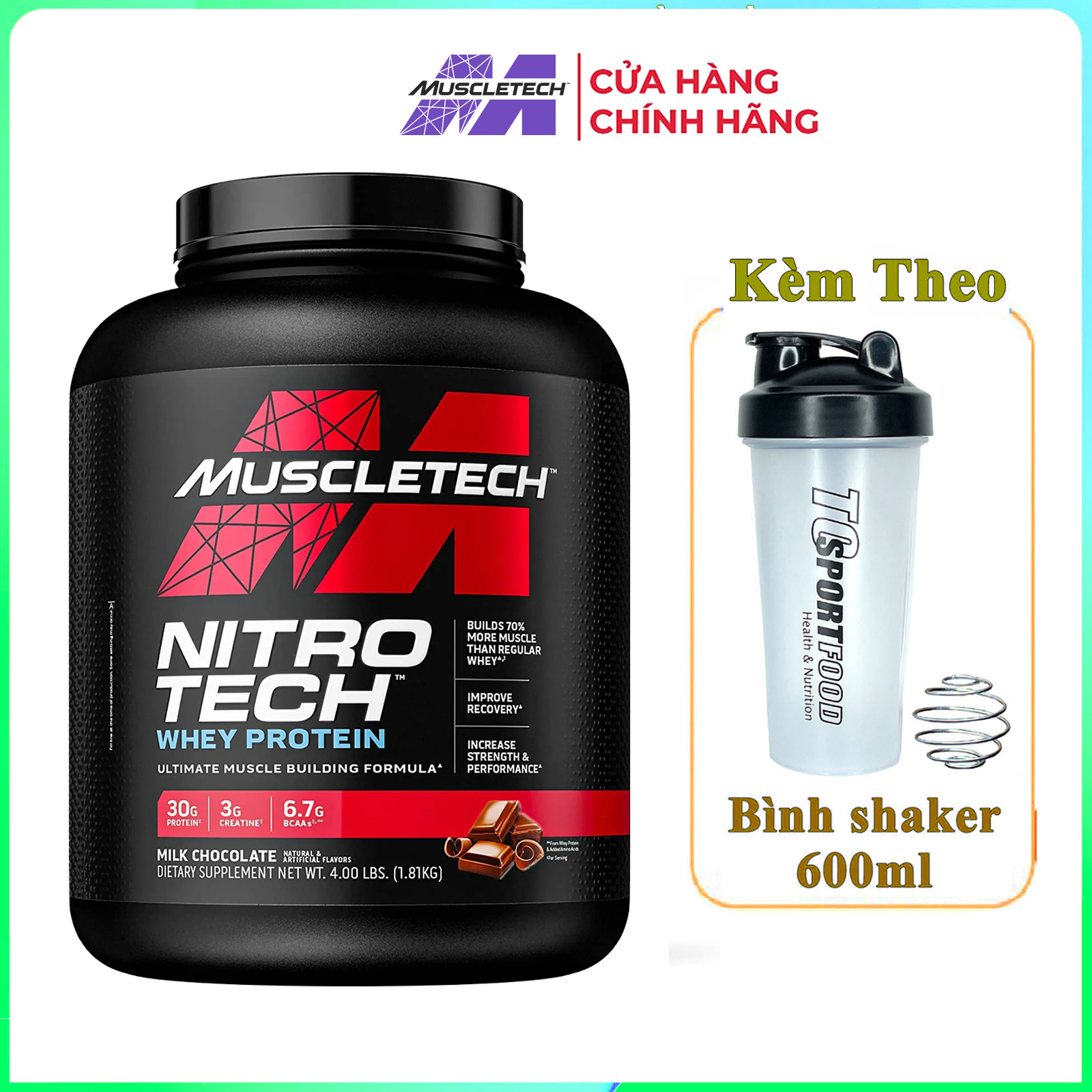 [TẶNG BÌNH] Sữa tăng cơ cực mạnh Whey Protein Nitro Tech của MuscleTech hộp 1.8 kg hỗ trợ tăng cơ giảm cân giảm mỡ bụng tăng sức bền sức mạnh vượt trội cho người tập GYM và chơi thể thao