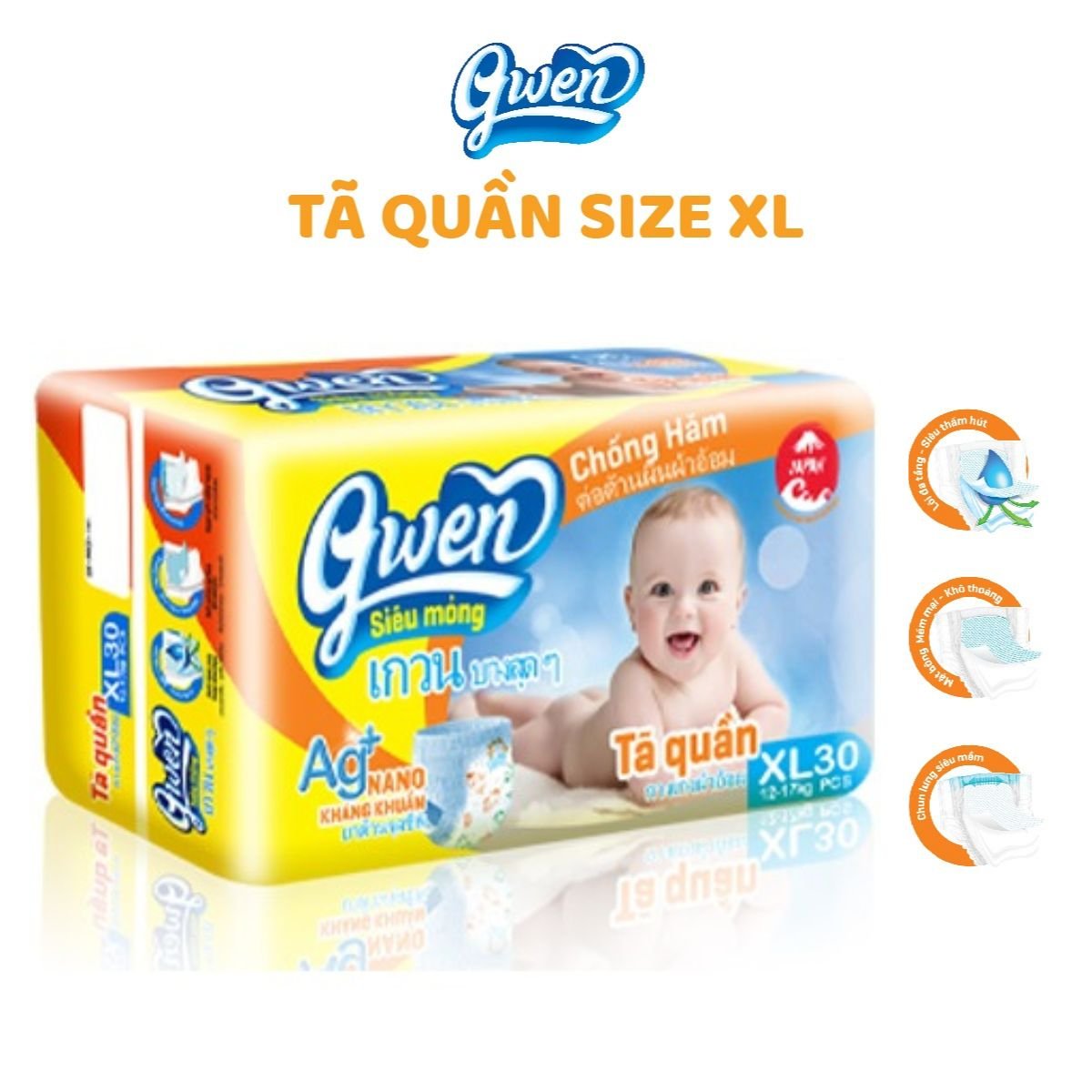 Tã quần GWEN size XL 30 miếng tả quần siêu thấm khô thoáng chống hăm khử mùi bỉm quần size XL dành cho bé từ 12kg đến 17kg