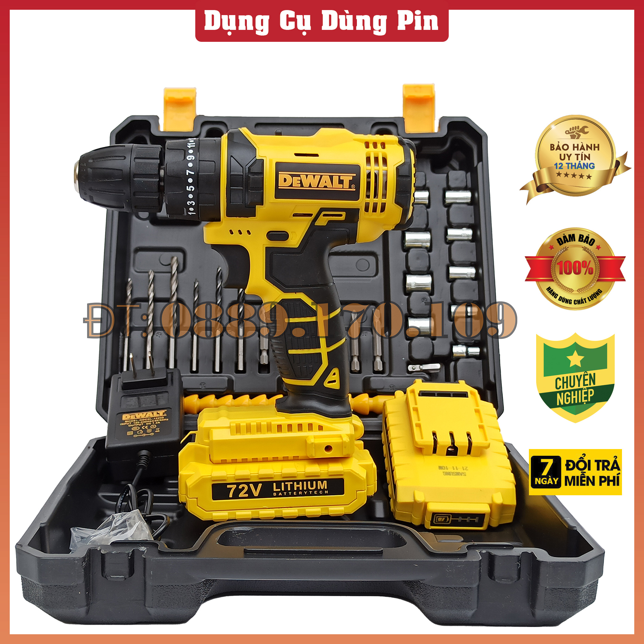 Máy khoan pin - bắn vít 3 chức năng 72V kèm bộ phụ kiện 24 chi tiết cao cấp