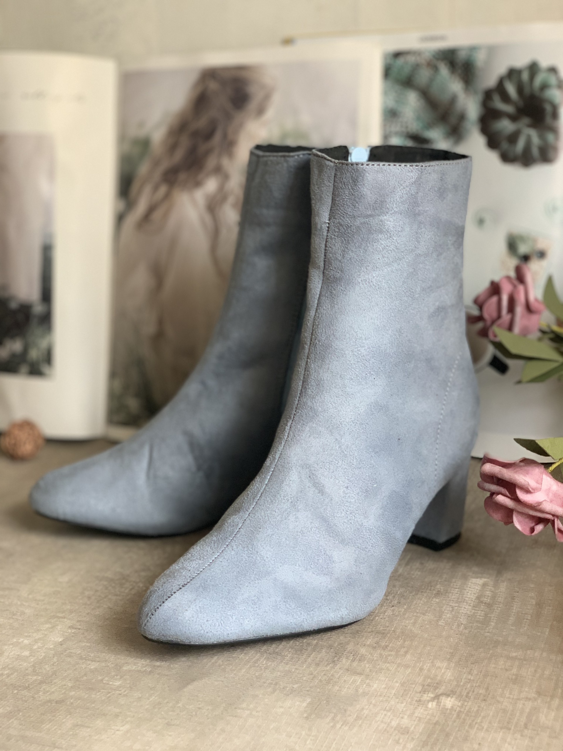 Giày boot nữ cổ cao gót vuông da lộn - Giày boot cao gót 5cm - Giày boot da lộn màu Xám - ES290X