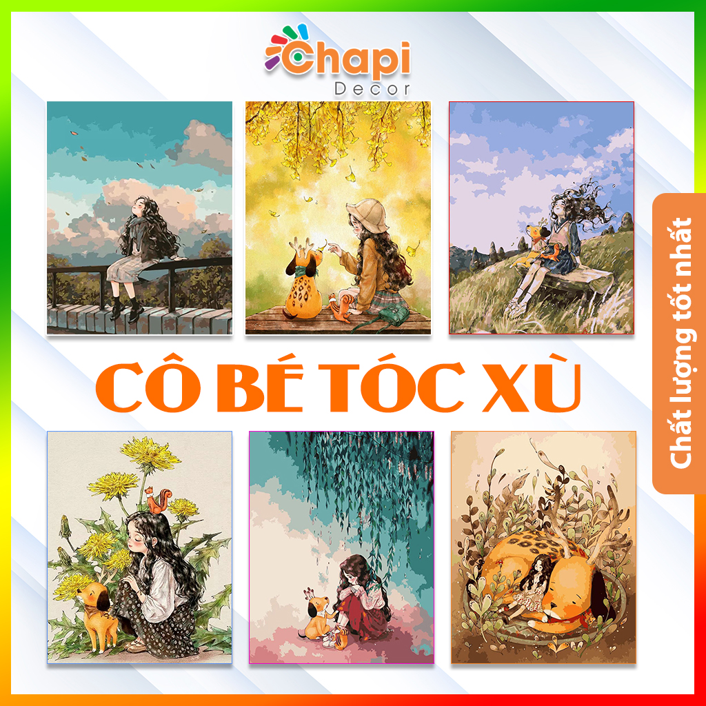 Tranh tô màu số hóa Chapi Cô Bé Tóc Xù KT 40x50cm đã căng khung, Có dầu bóng | Chapi Decor