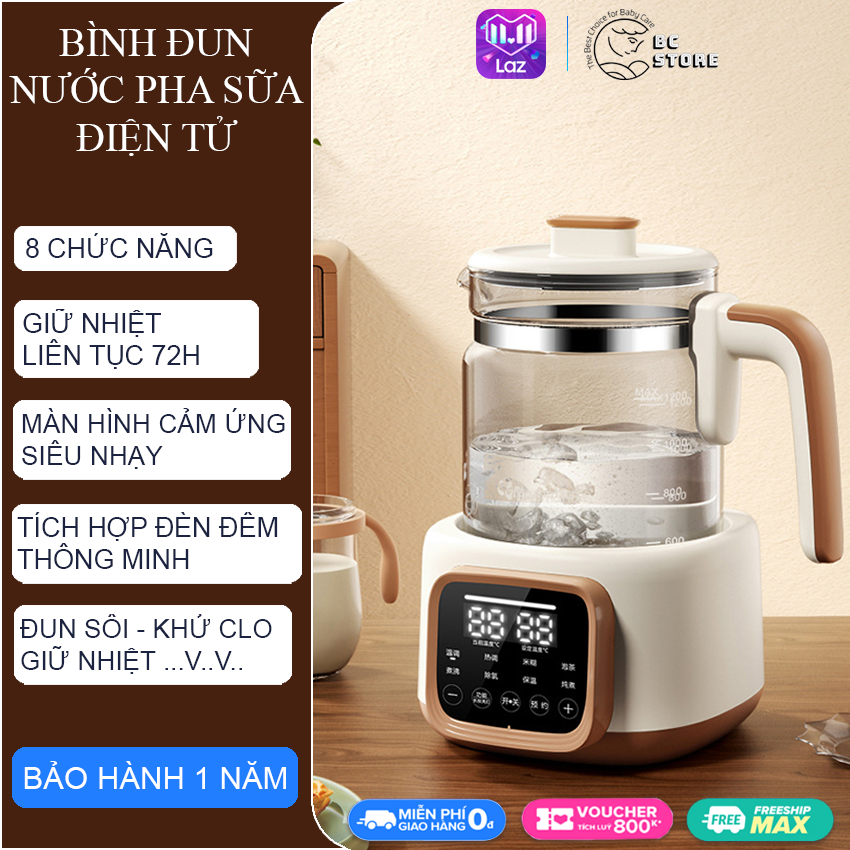 Bình đun nước pha sữa cho bé đa năng dung tích 1.2 lít có có 8 chế độ