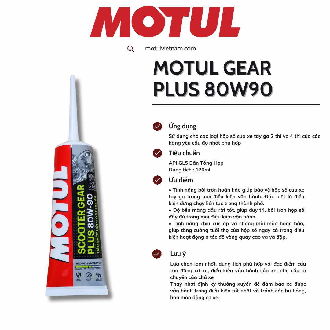 Dầu nhớt hộp số xe tay ga MOTUL GEAR PLUS 2T & 4T 80W90 120ml