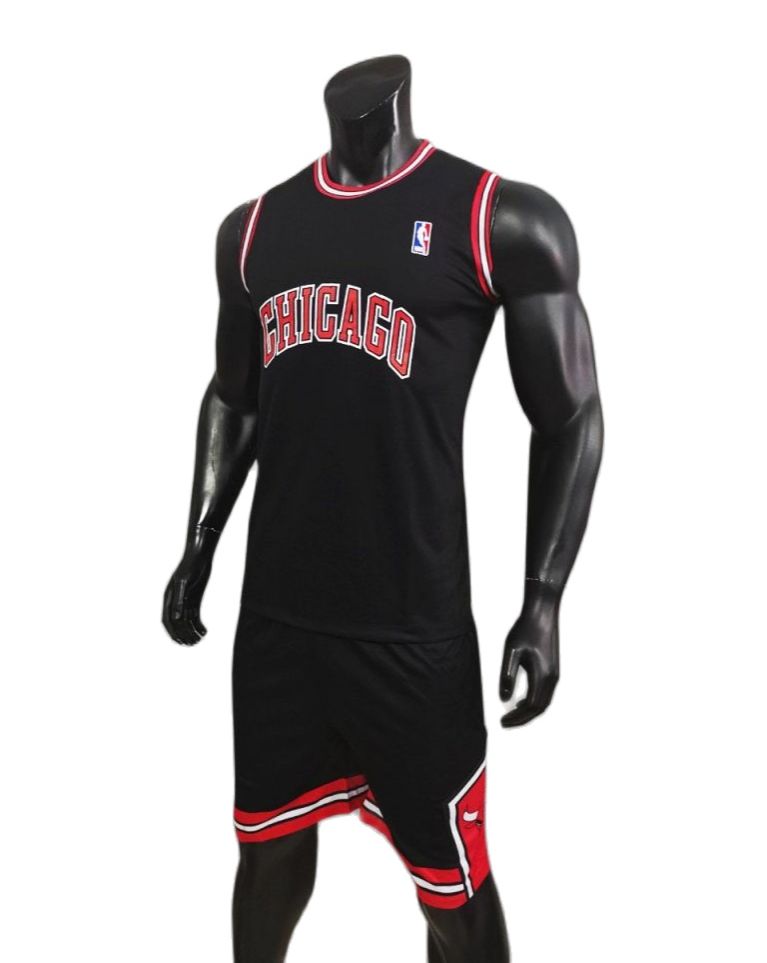 Bộ Quần Áo Bóng Rổ Chicago Bulls Màu Đen Vải Thun Mè Cao Cấp