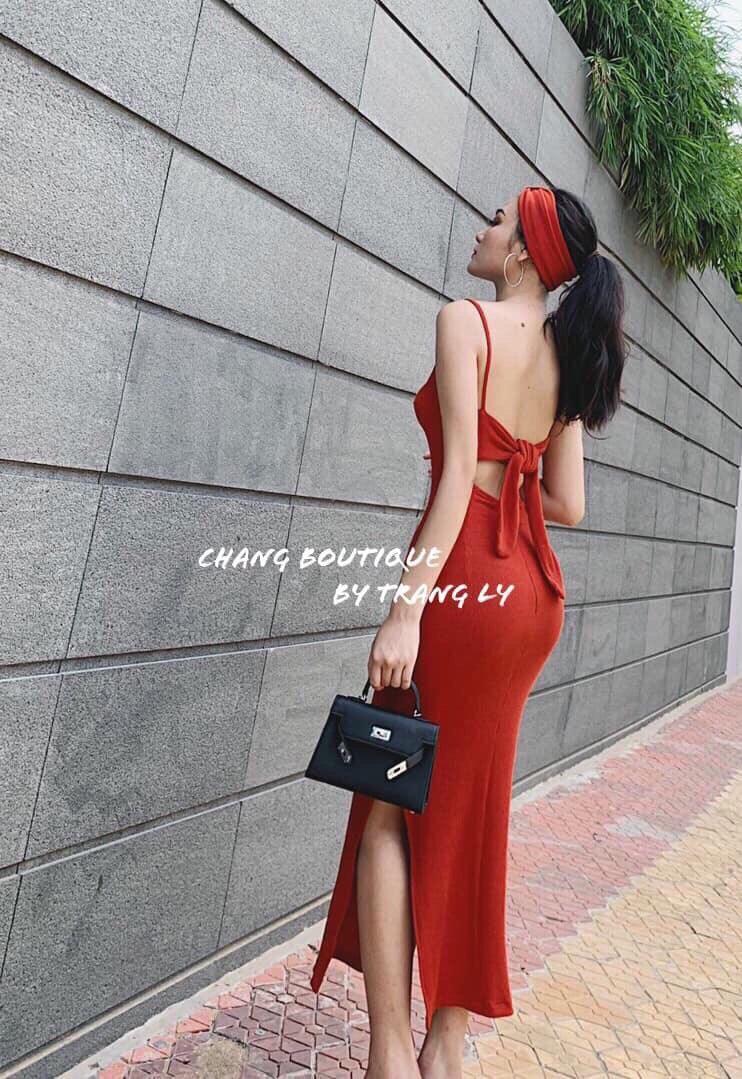 Đầm body thun gân 2 dây xẻ tà cột nơ phía sau lưng cực hot tại x79