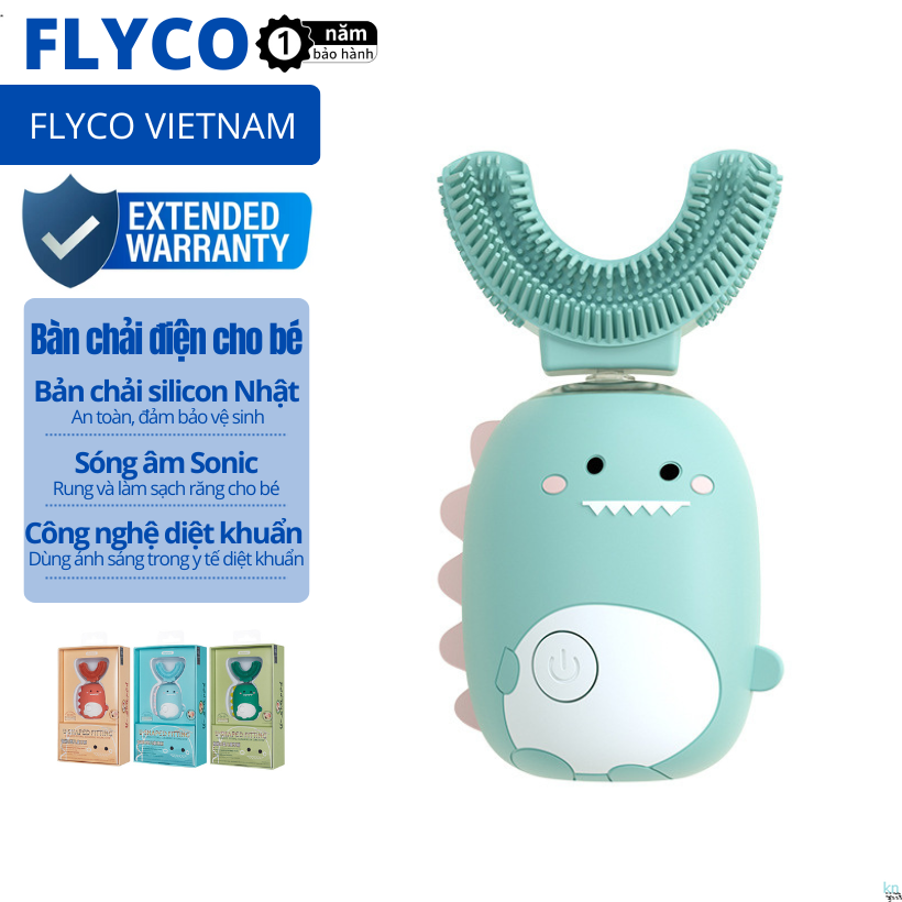 Bàn Chải Điện Máy Đánh Răng Cho Bé Flyco Công Nghệ sóng âm Sonic ánh sáng diệt khuẩn chuẩn Y Khoa đầu bàn chải bằng Silicon an toàn Chữ U có phát nhạc khi bé sử dụng Hàng Remax Đánh tuổi bọt răng trẻ em kem chai 1 2