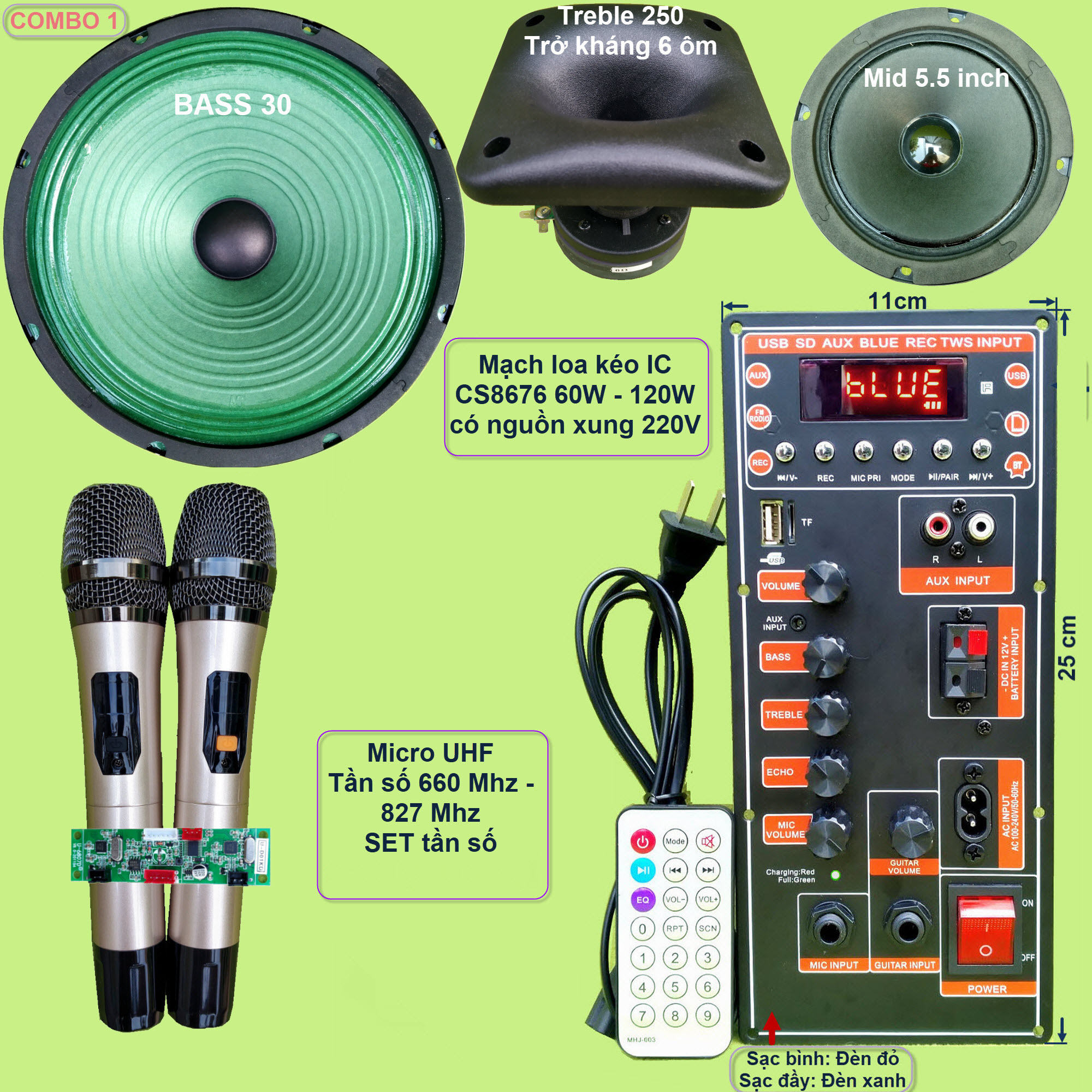 Mạch loa kéo 3 tấc đơn 3 đường tiếng CS8676 công suất 120W có nguồn xung 220V kèm Bass 3 tấc màng xanh + Treble 250 + Mid 5.5 inch và kèm Micro – Guitar điện