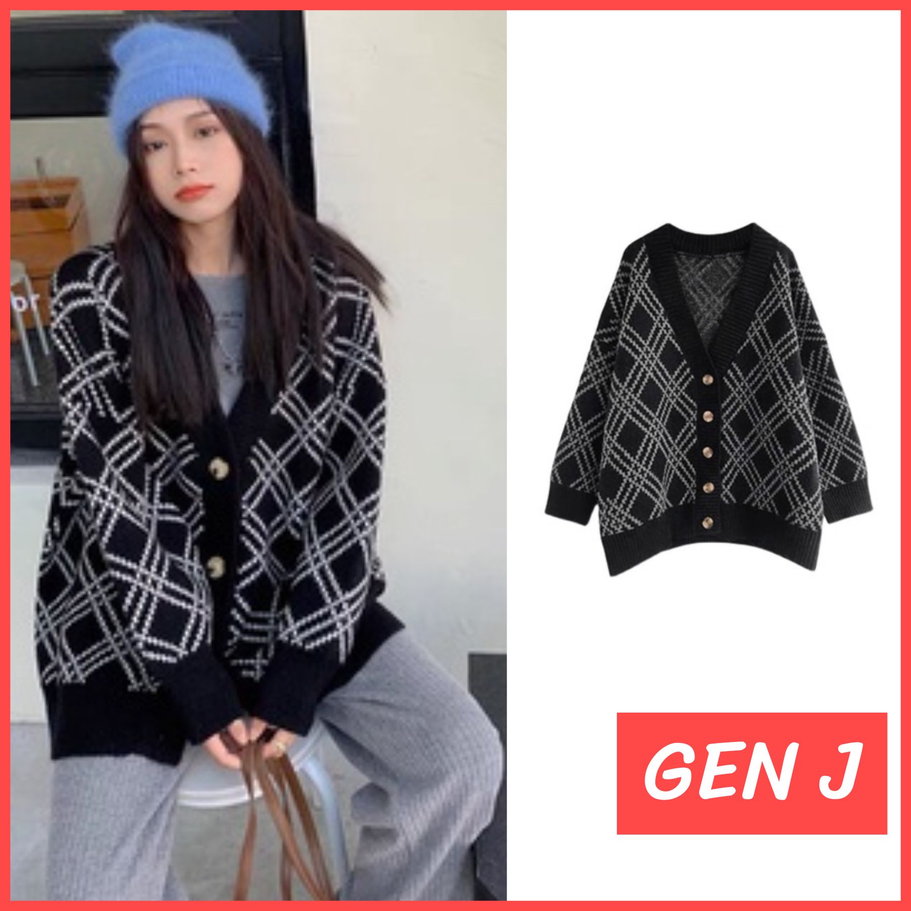 Áo khoác nữ cardigan kẻ chéo đen dáng xuông tay lỡ - Gen j