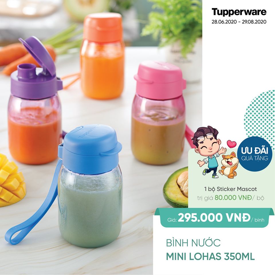 BÌNH NƯỚC TUPPERWARE MINI LOHAS 350ML (CHỊU NHIỆT LÊN ĐẾN 110 ĐỘ, ĐỰNG ĐƯỢC NƯỚC SÔI, BẢO HÀNH TRỌN ĐỜI)