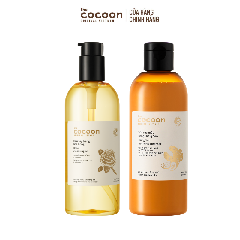 COMBO 1 Bigsize - Sữa rửa mặt nghệ Hưng Yên Cocoon 310ml + 1 Bigsize Dầu tẩy trang Hoa hồng 310ml