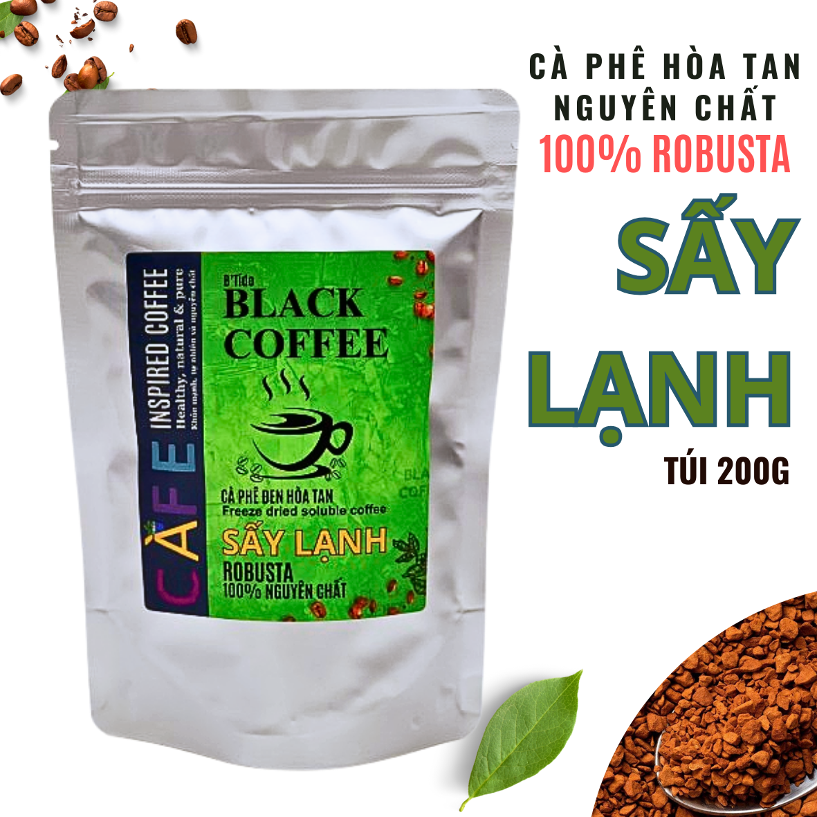 Cà phê sấy lạnh Black coffee, cafe đen hòa tan không đường 100% robusta nguyên chất