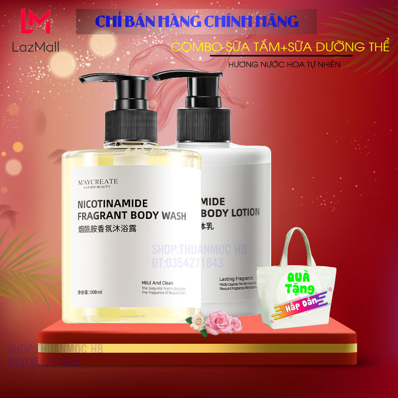 Sữa Tắm Nước Hoa, Sữa Dưỡng Thể Trắng Da Niacinamide (Nicotinanmide) MayCreat 500ml - Dưỡng Da Trắng Sáng, Hương Thơm Quyến Rũ - Thuần Mộc Shop