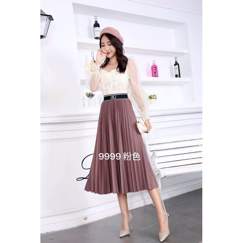 Chân váy nhung xoè dáng dài xếp ly QC siêu dày dặn