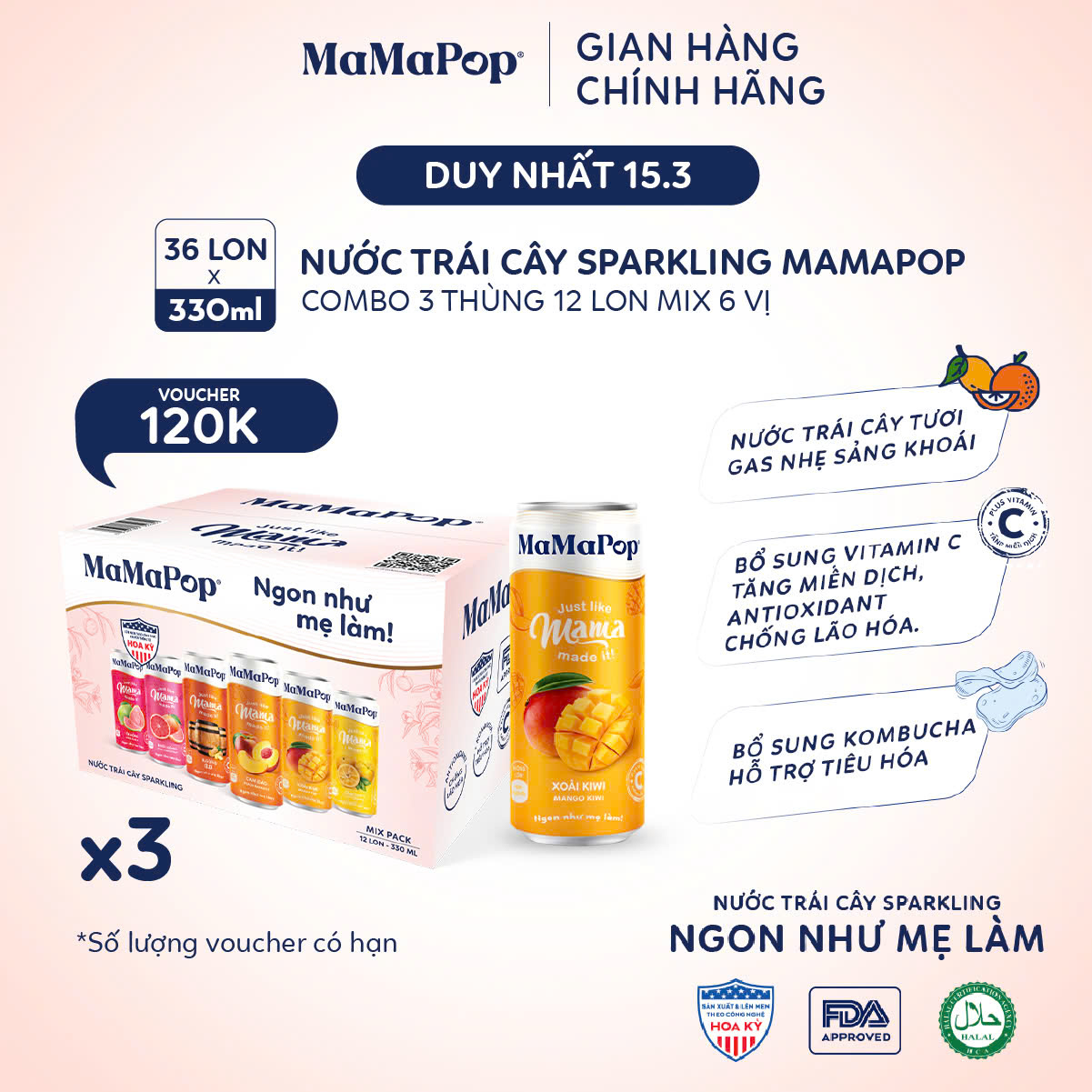 Combo 3 thùng 12 lon nước trái cây sparkling MaMaPop mix 6 vị 330ml lon
