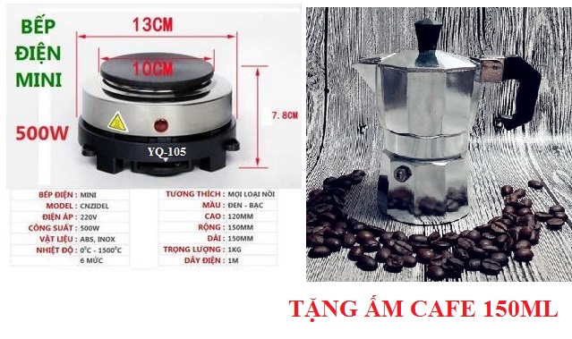 Combo bình cafe 150ml tặng kèm bếp điện mini 500w không kén nồi model yq-105 ấm cafe moka pot kiểu ý