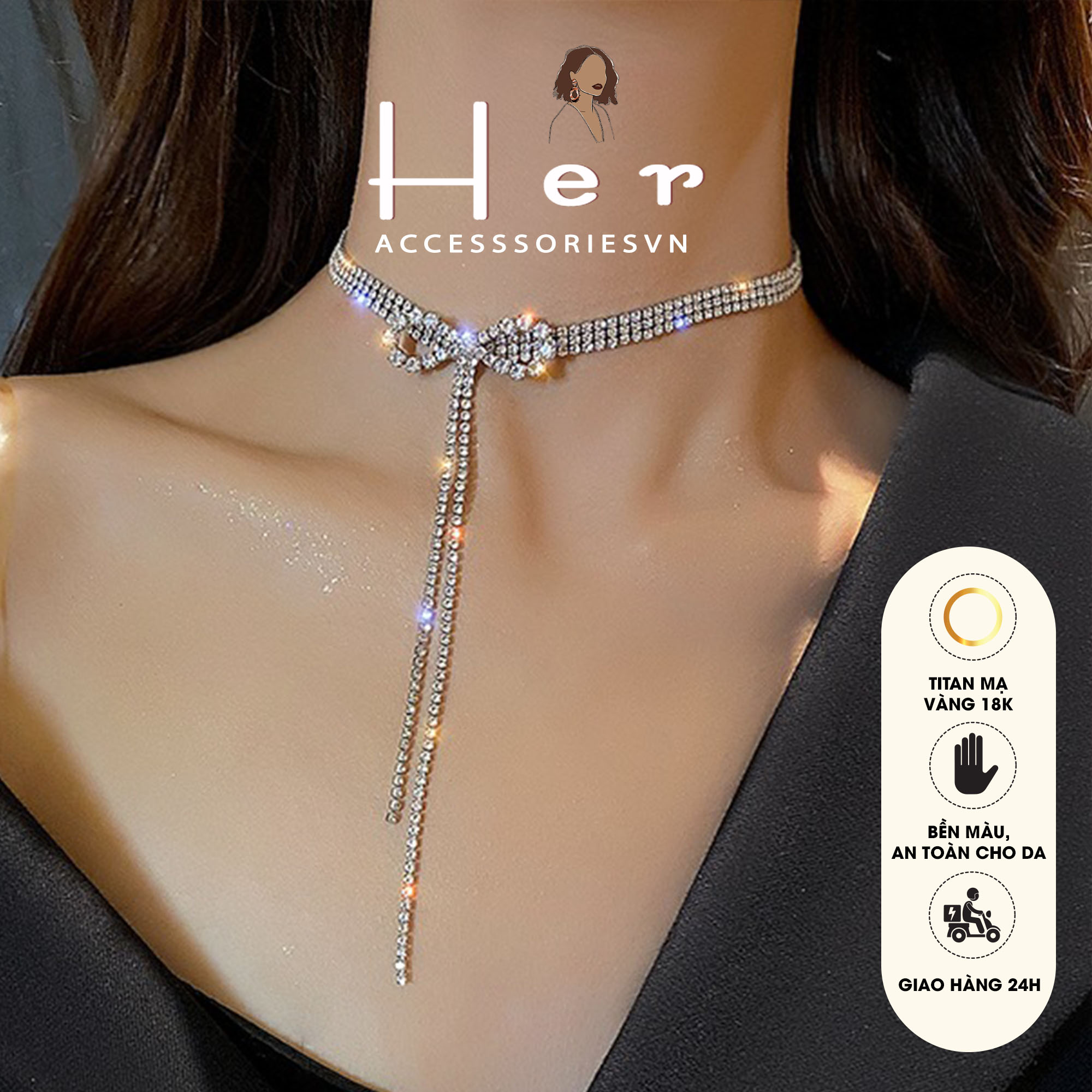 Chocker hình nơ đi tiệc, Dây chuyền đính đá sang chảnh Her JEwelry C72