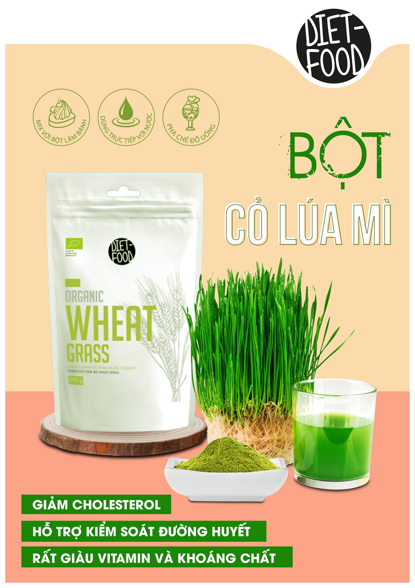 Bột Cỏ Lúa Mì Non Hữu Cơ 200g Diet Food Organic Wheat Grass Powder